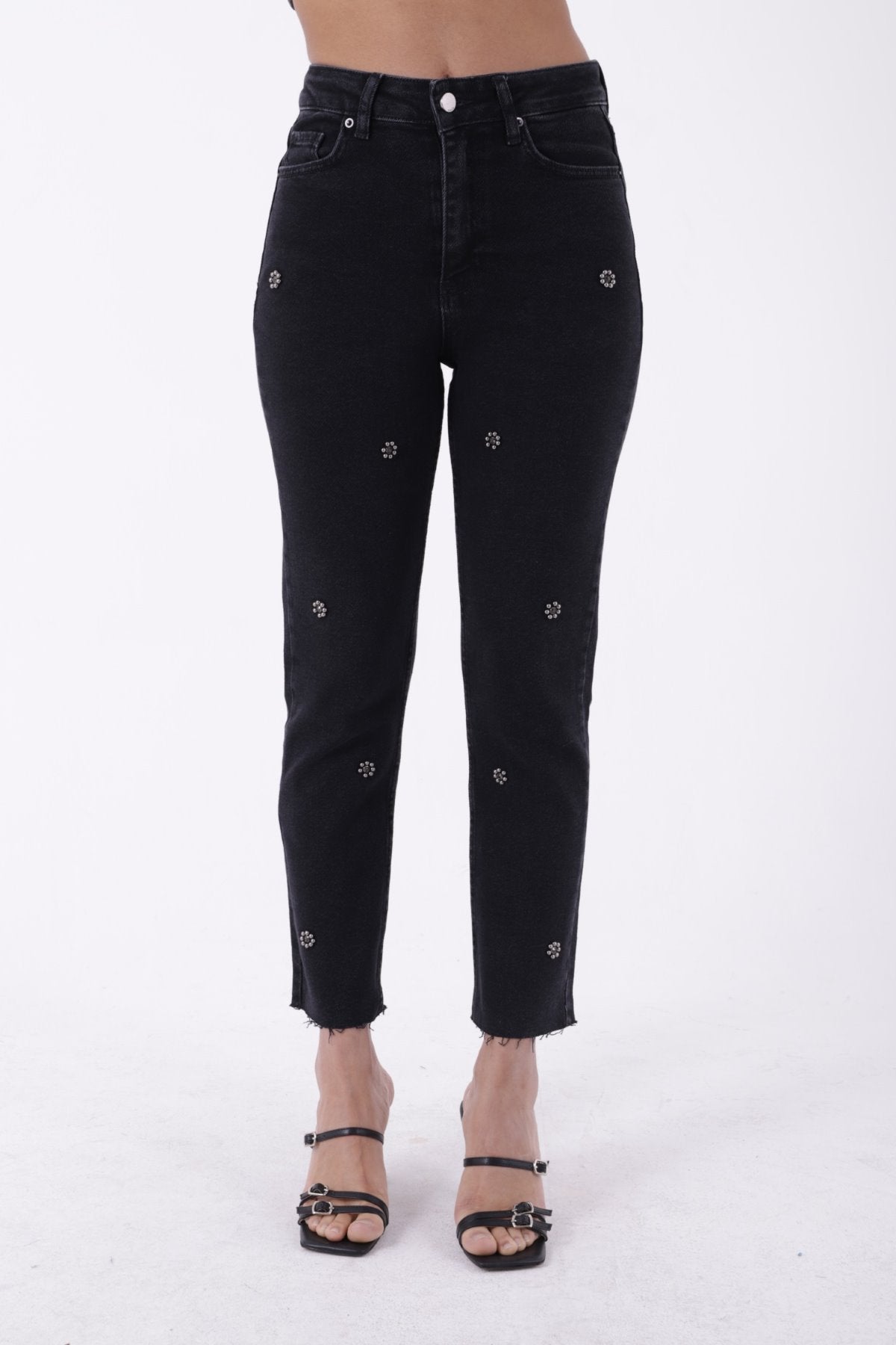 İncili Çiçek Desenli Mom Fit Kot Pantolon 7022