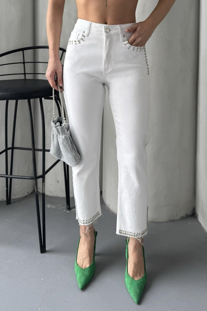 Taşlı Mom Fit Kot Pantolon 7023