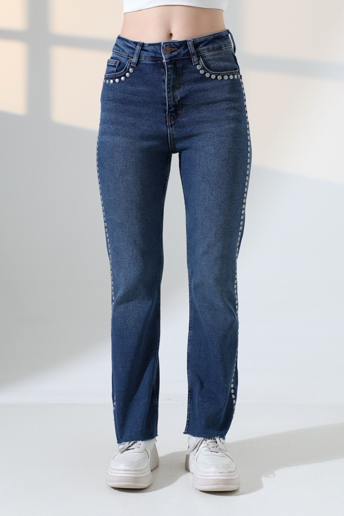 Zımba Taşlı İspanyol Mom Fit Kot Pantolon 7192