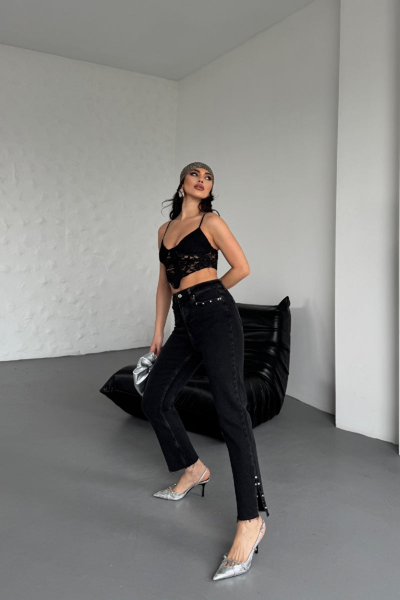 Yanı Yırtmaçlı Flare Paça Mom Kot Pantolon 1774