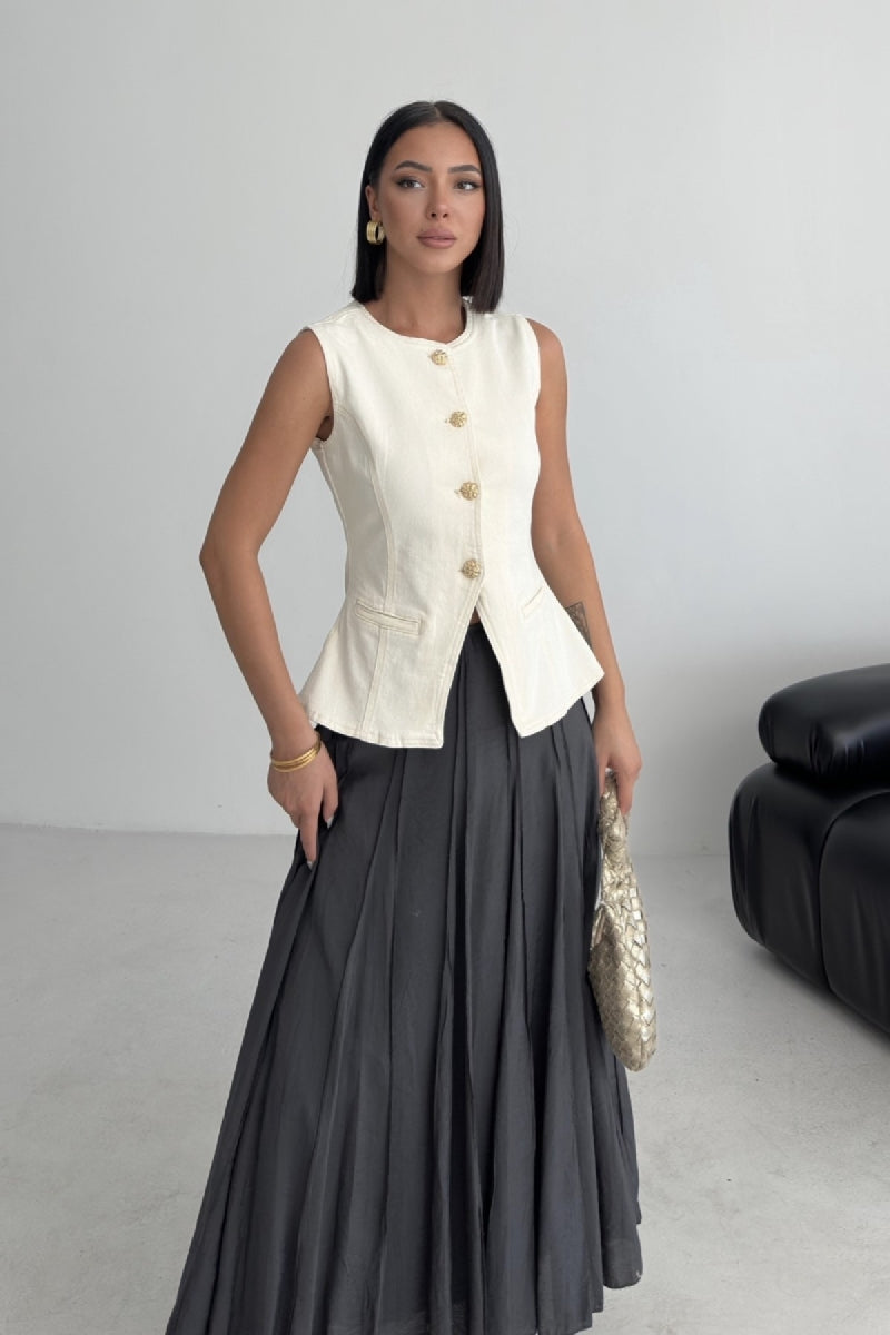 Belden Oturtmalı Düğmeli Kot Yelek 6086