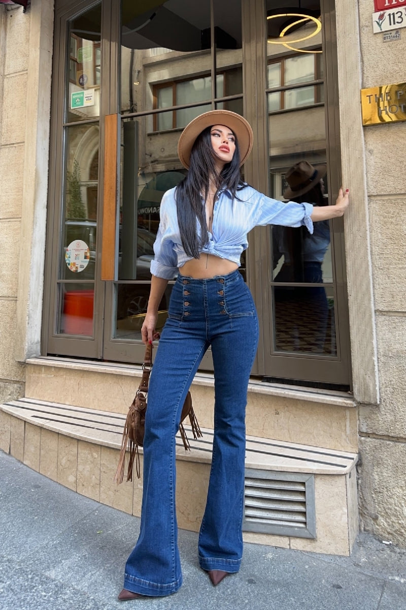 Çok Düğmeli İspanyol Kot Pantolon 7094