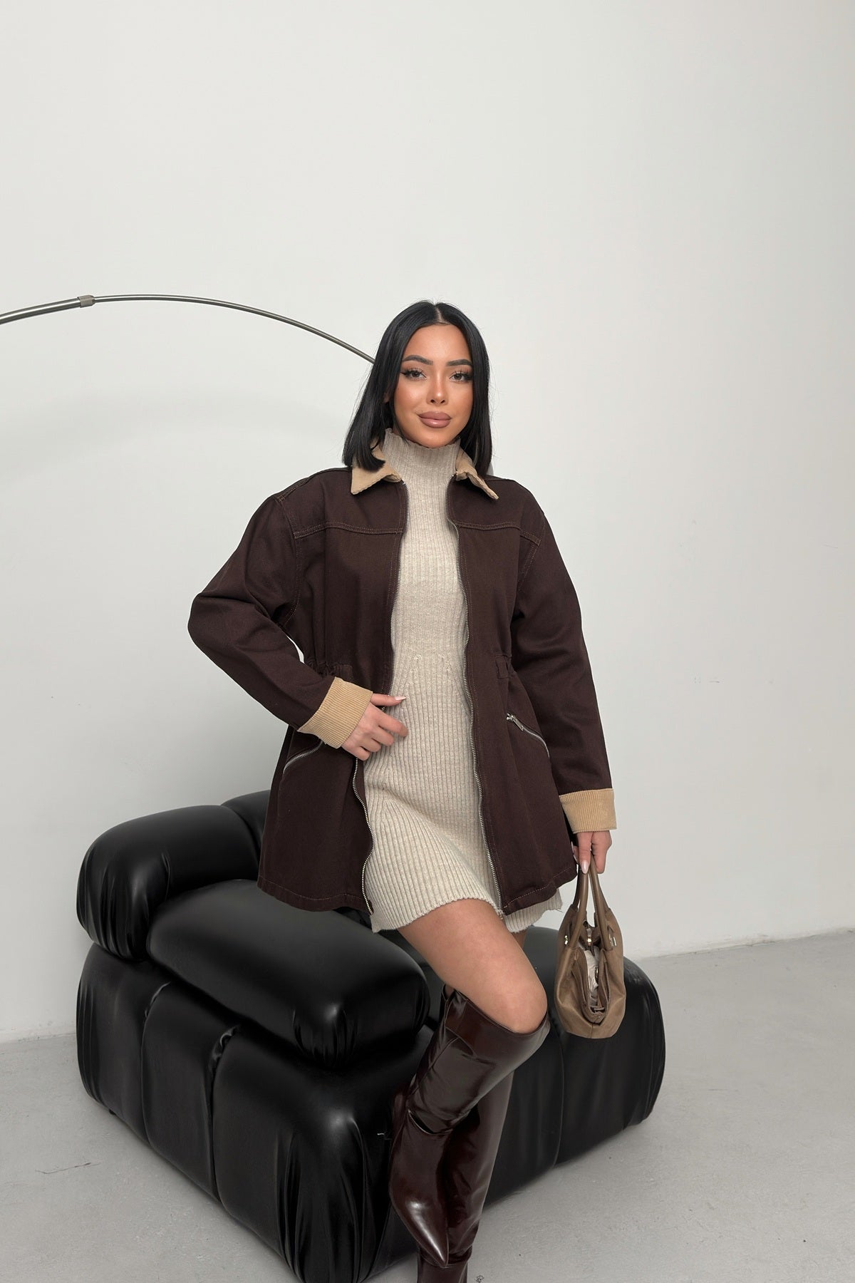 Kadife Detaylı Fermuarlı Kot Ceket 6129