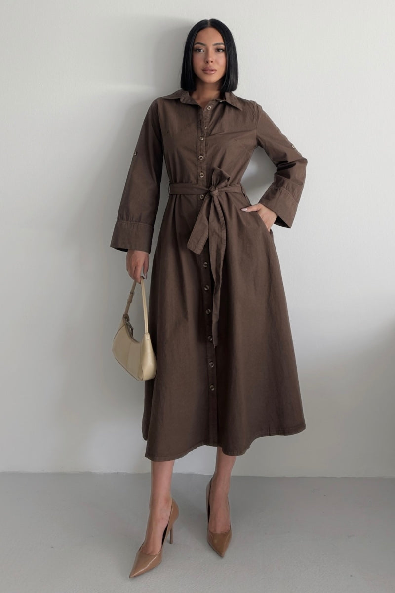 Düğmeli Uzun Boy Kot Elbise 3047