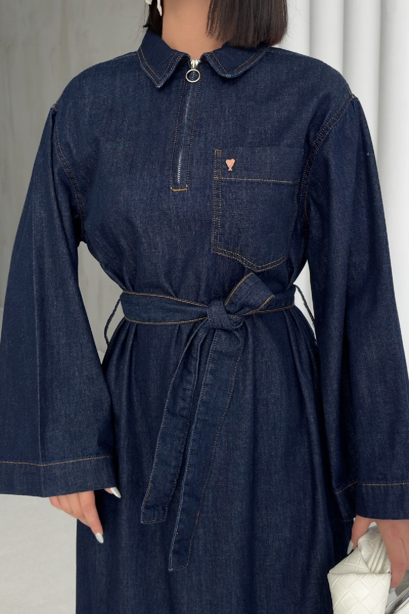 Kuşaklı Uzun Kot Elbise 3035