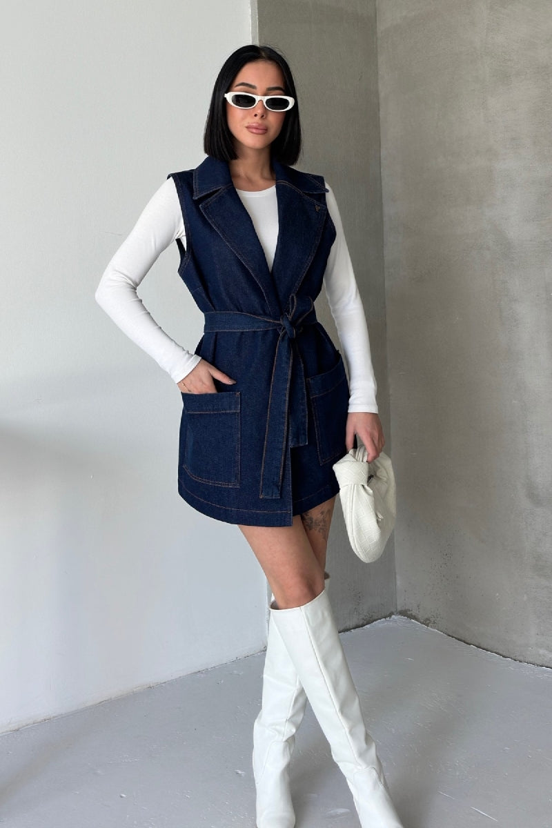 Kuşaklı Kruvaze Yaka Yelek 6137