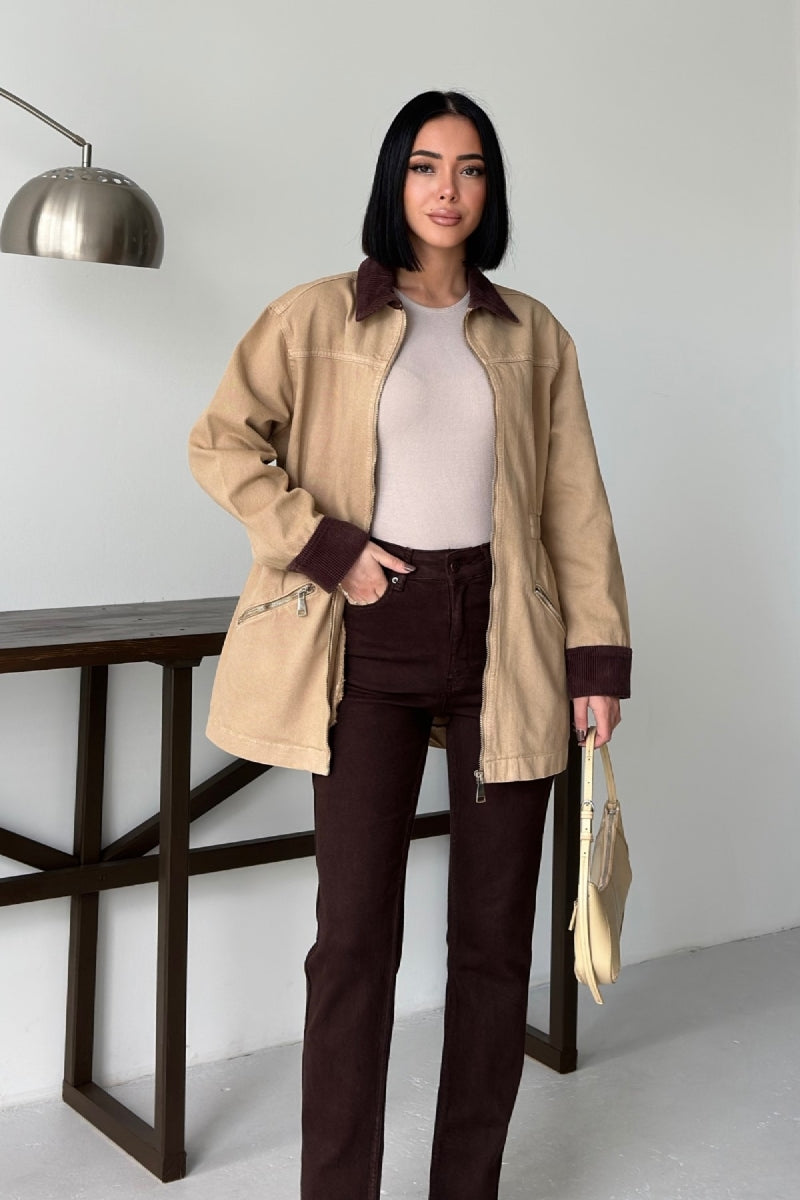 Kadife Detaylı Fermuarlı Kot Ceket 6129