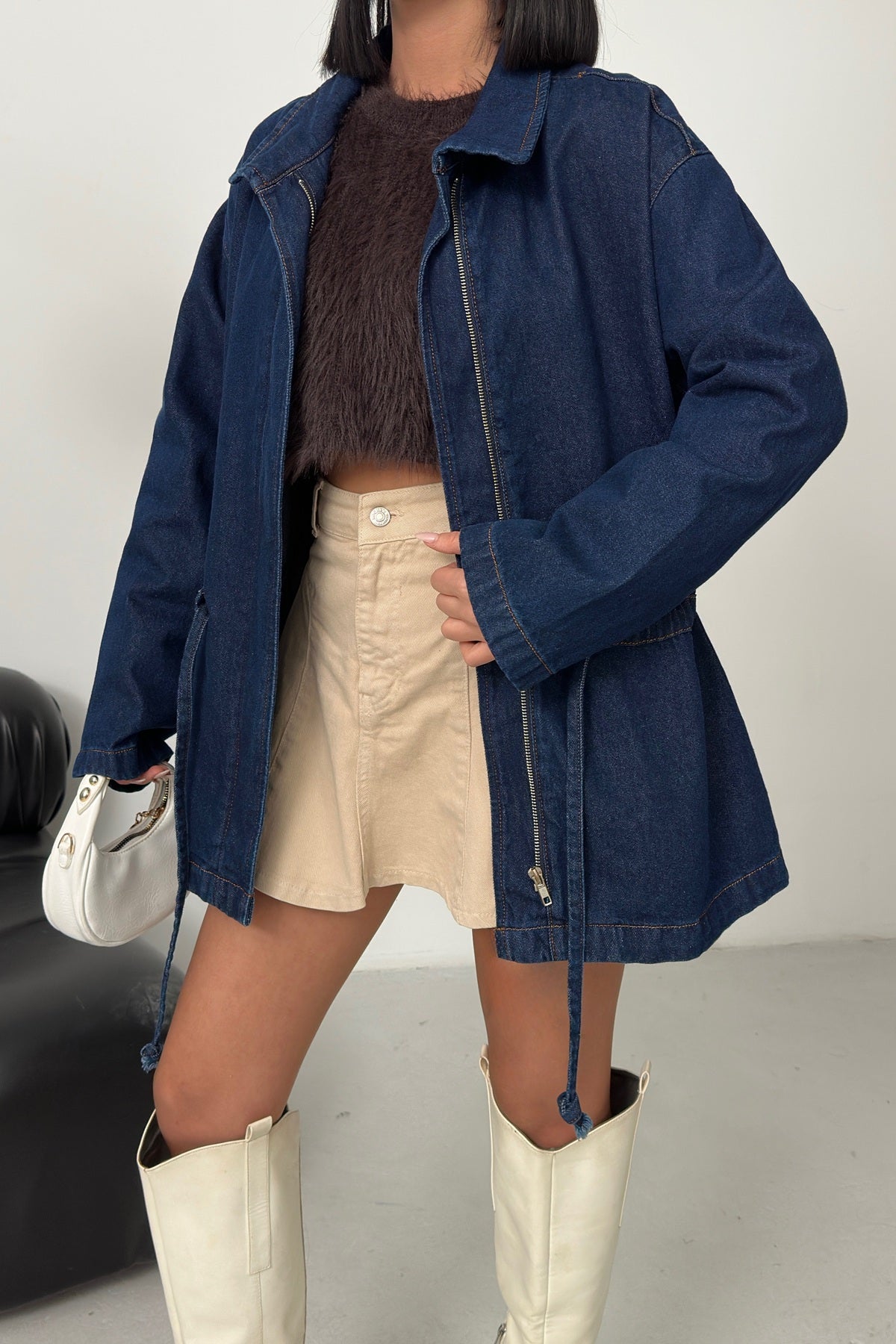 Bel Büzgü Detaylı Kot Ceket 6145