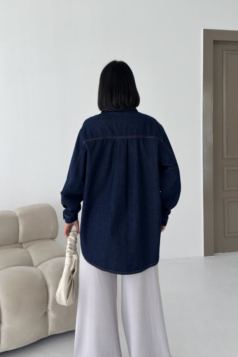 Düğmeli Oversize Kot Gömlek 6080