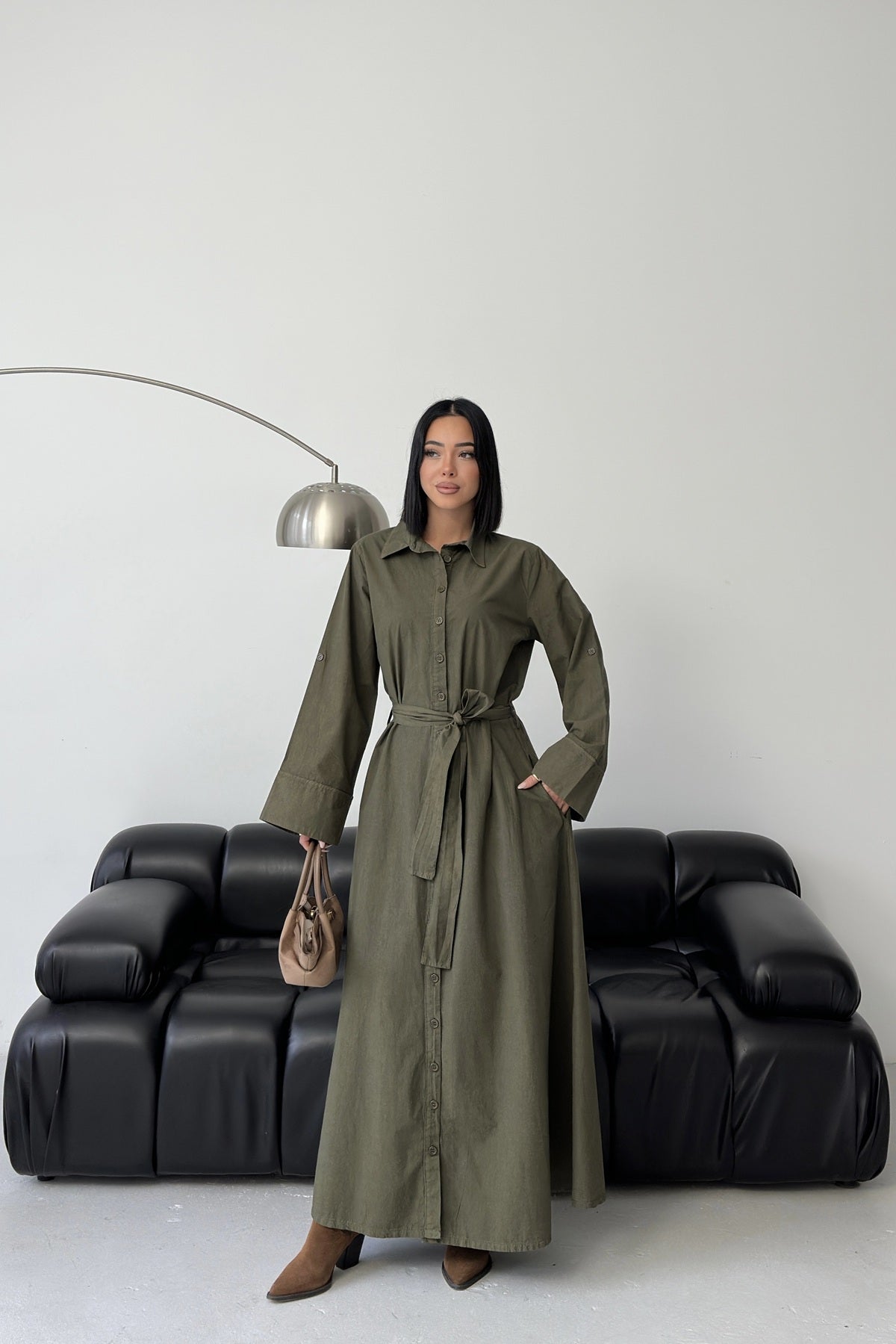 Düğmeli Uzun Boy Kot Elbise 3047