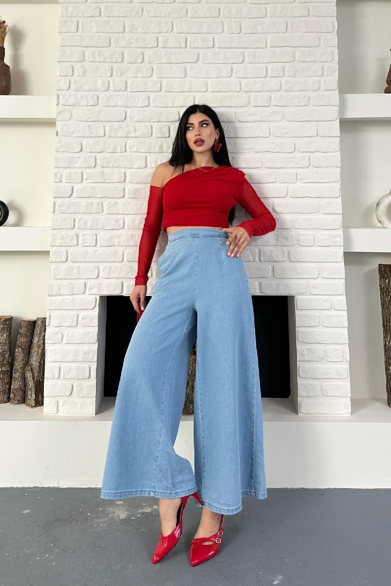 Arkası Lastikli Bol Paça Kot Pantolon 7120