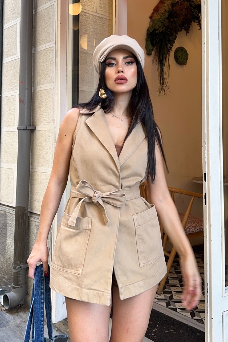 Kuşaklı Kruvaze Yaka Yelek 6137