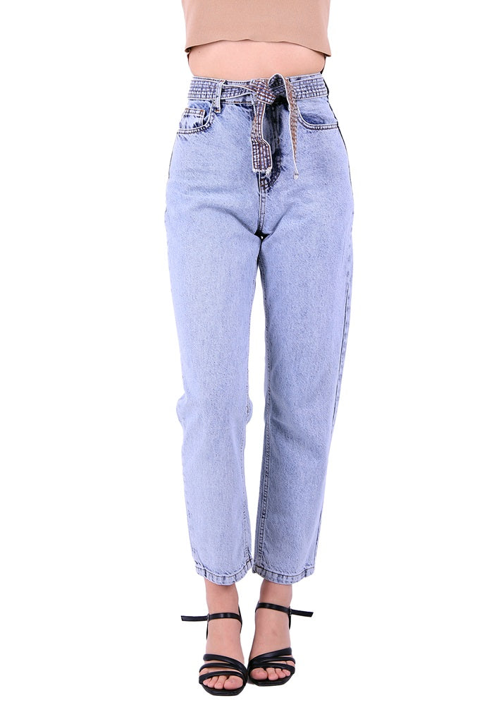 Yüksek Belli Kot Kemerli Mom Kot Pantolon 1896