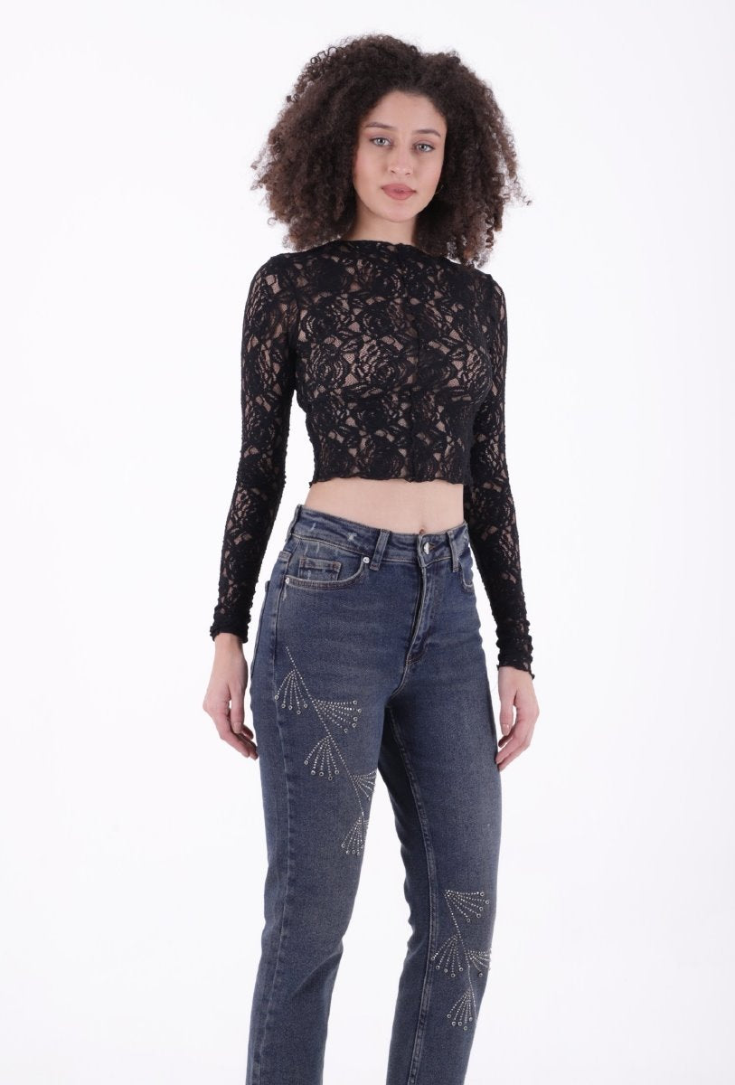 Çapraz Taşlı Mom Fit Kot Pantolon 7054