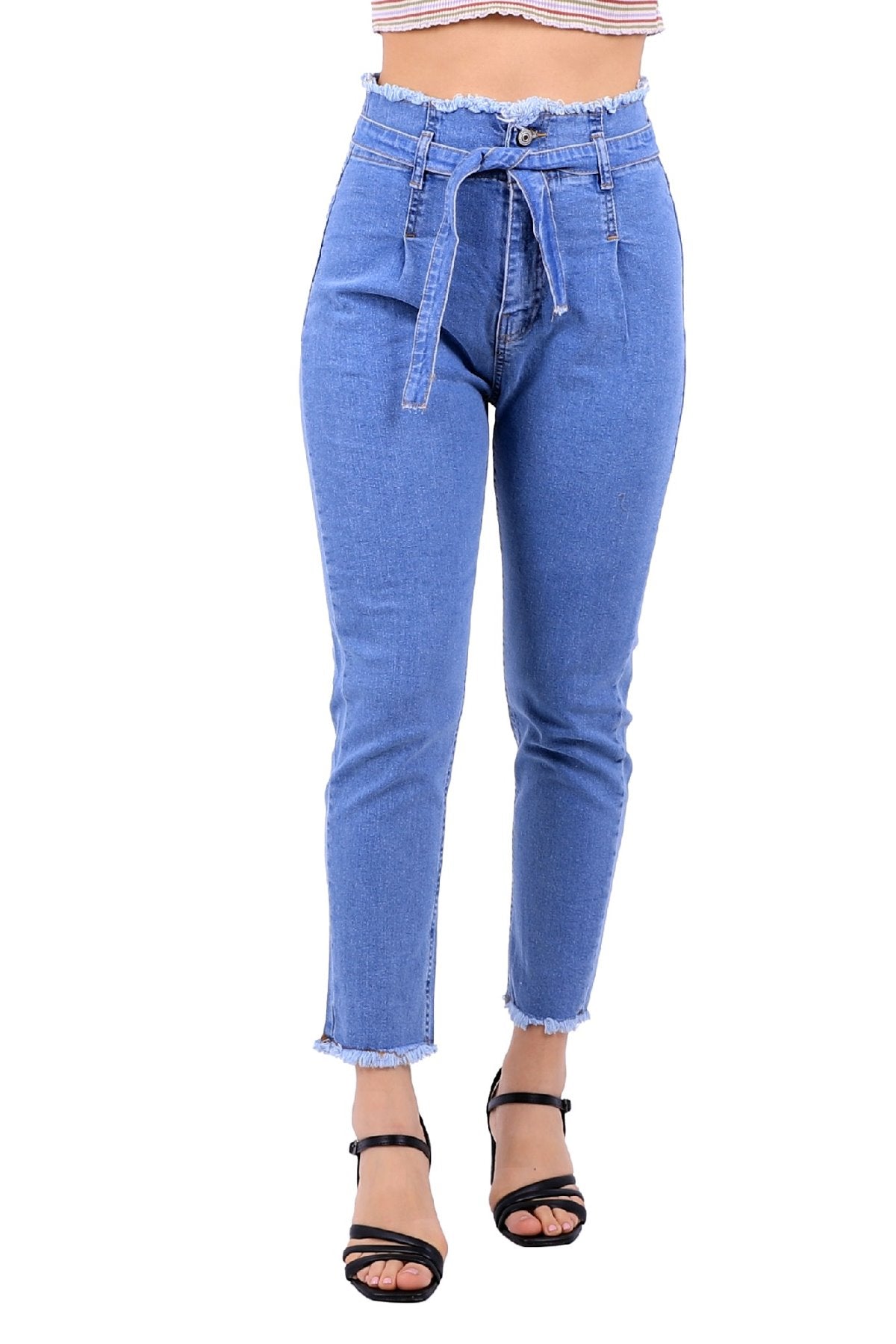 Beli Yüksek Bel Havuç Kemerli Kot Pantolon 736