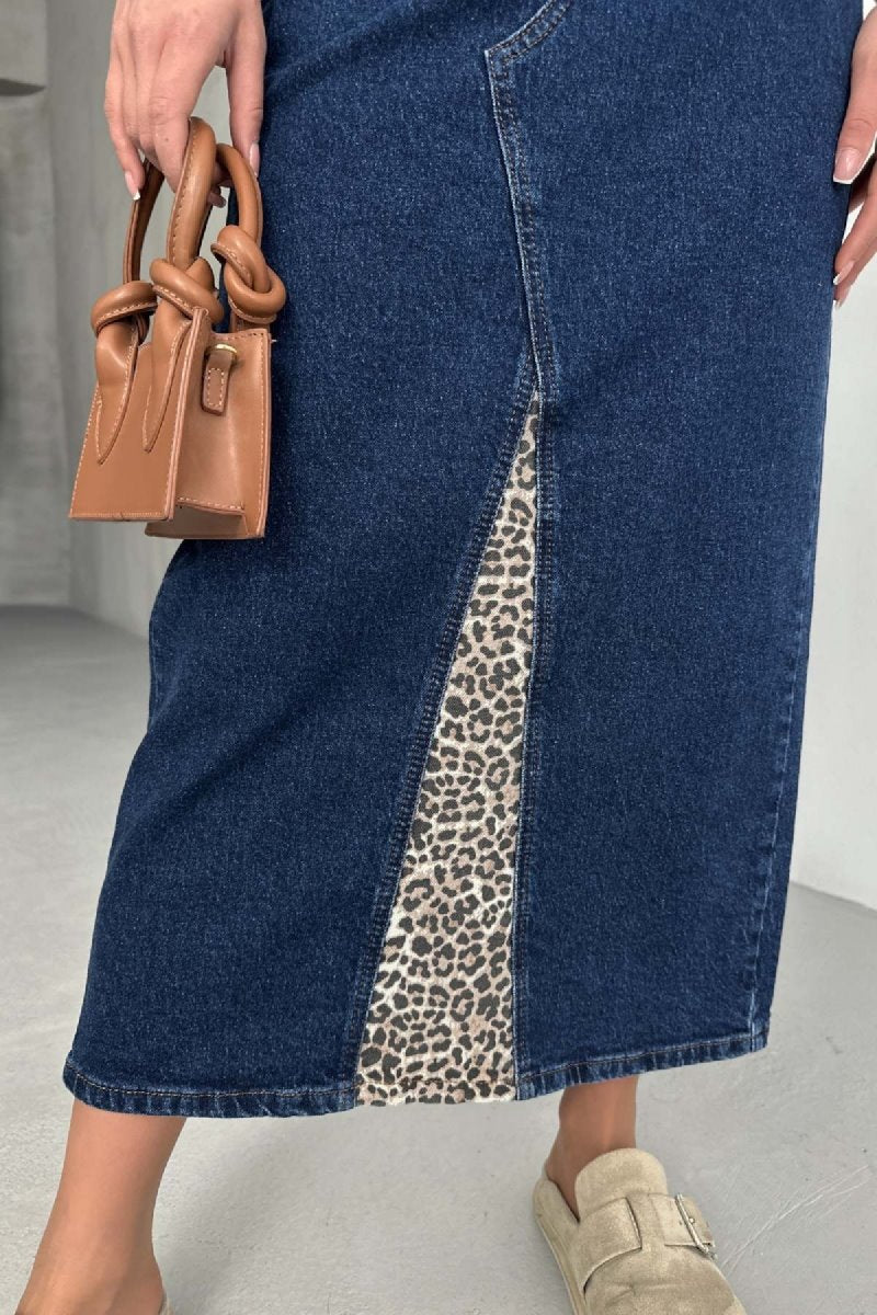Leopar Detaylı Kot Etek 1080