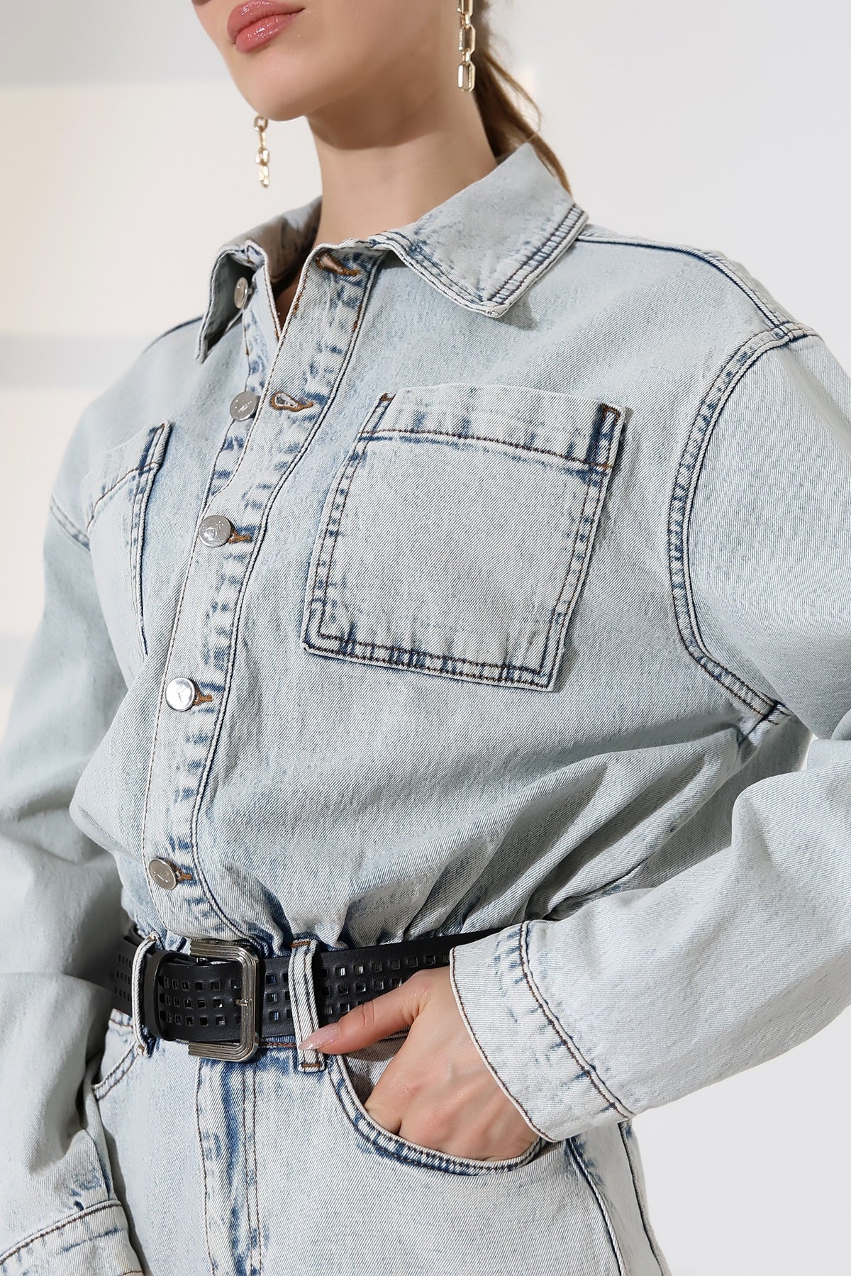 Düğmeli Mini Kot Elbise 3027