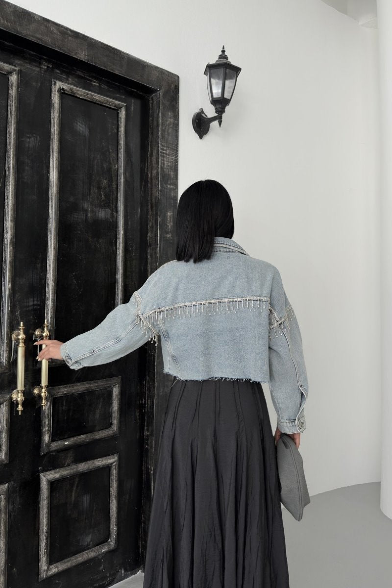 Taşlı Kısa Oversize Kot Ceket 6084