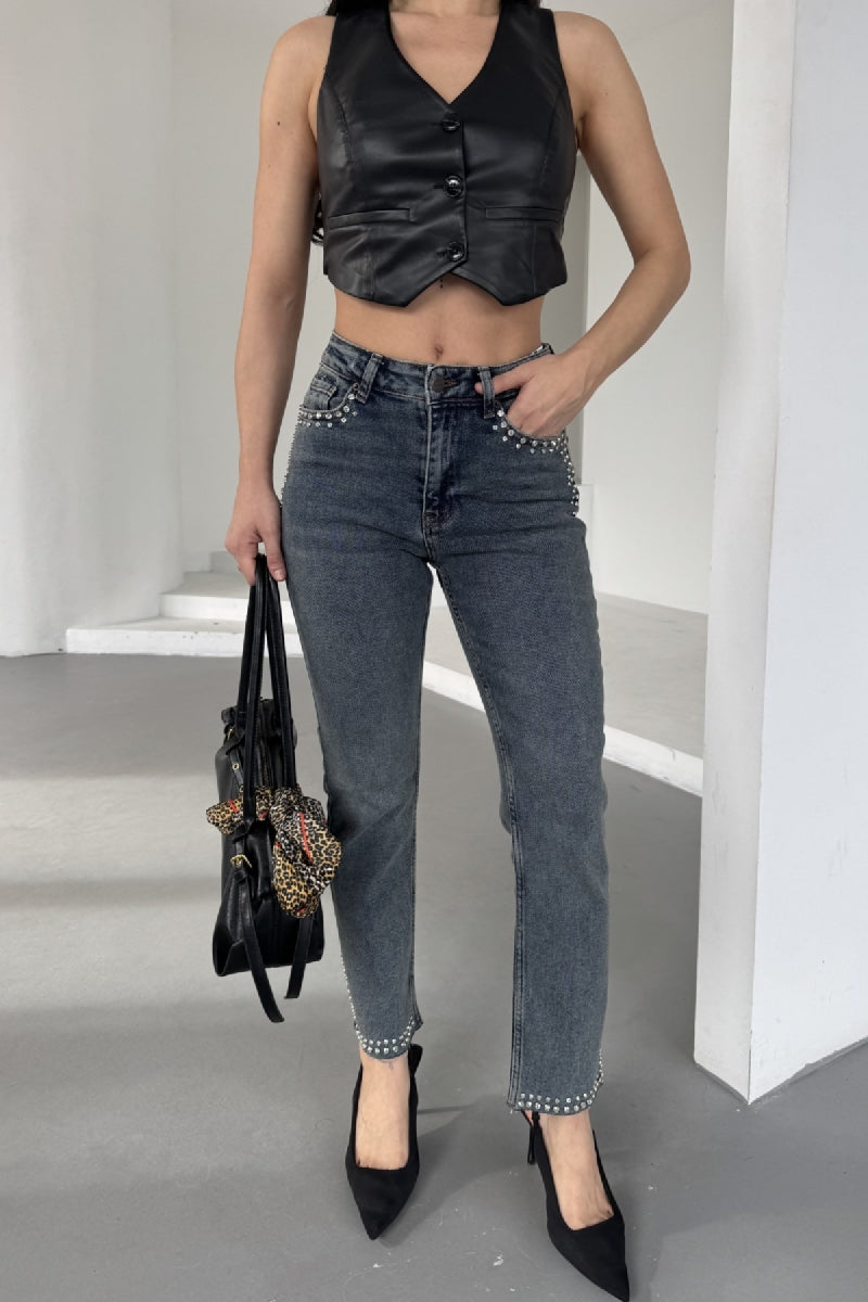 Taşlı Mom Fit Kot Pantolon 7023