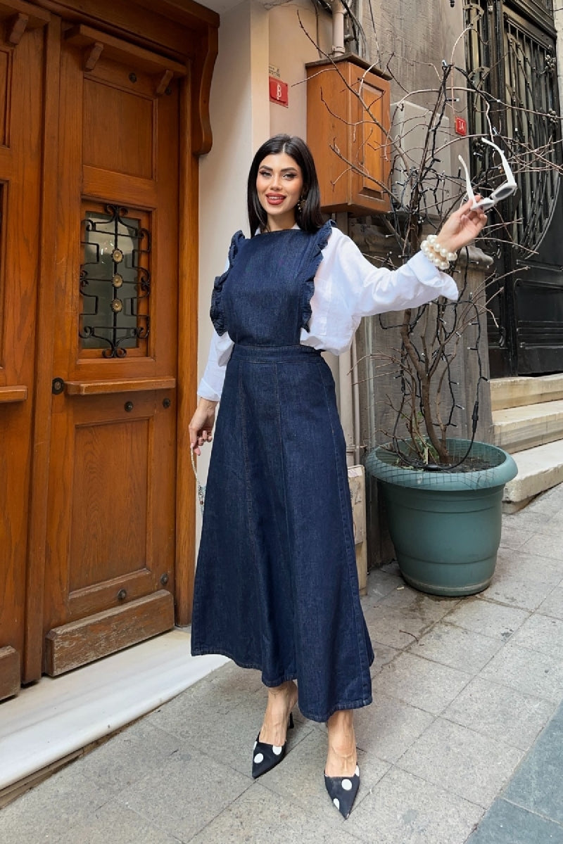 Omuzu Volanlı Fermuarlı Kot Elbise 3036