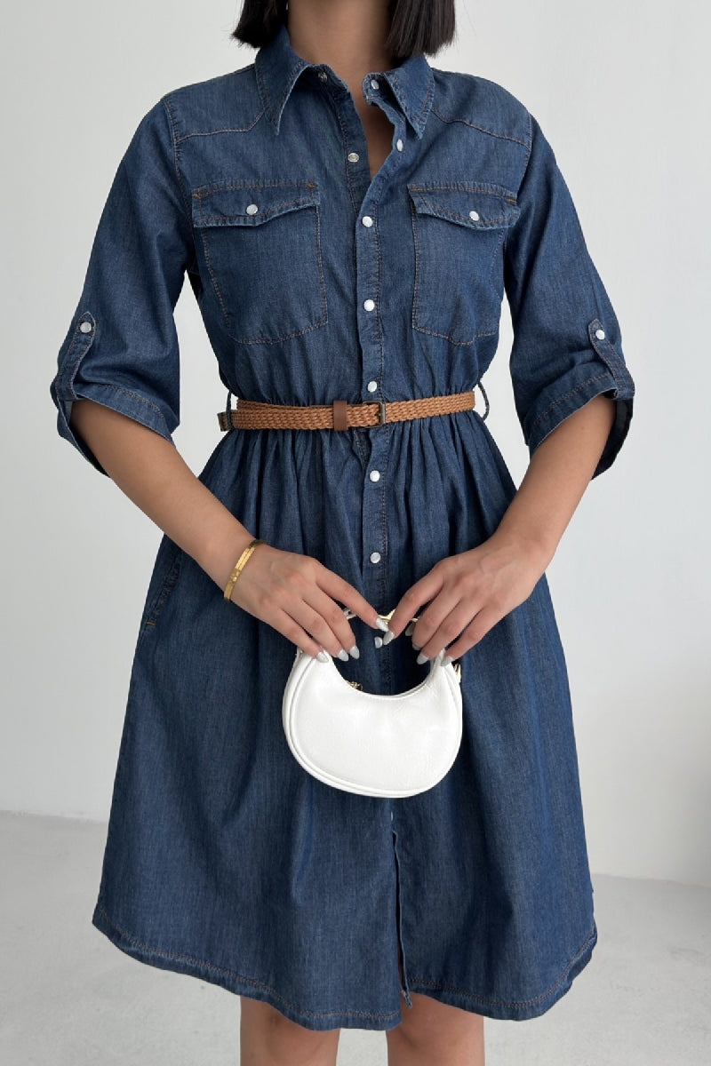 Büzgü Detaylı Kısa Kot Elbise 3040