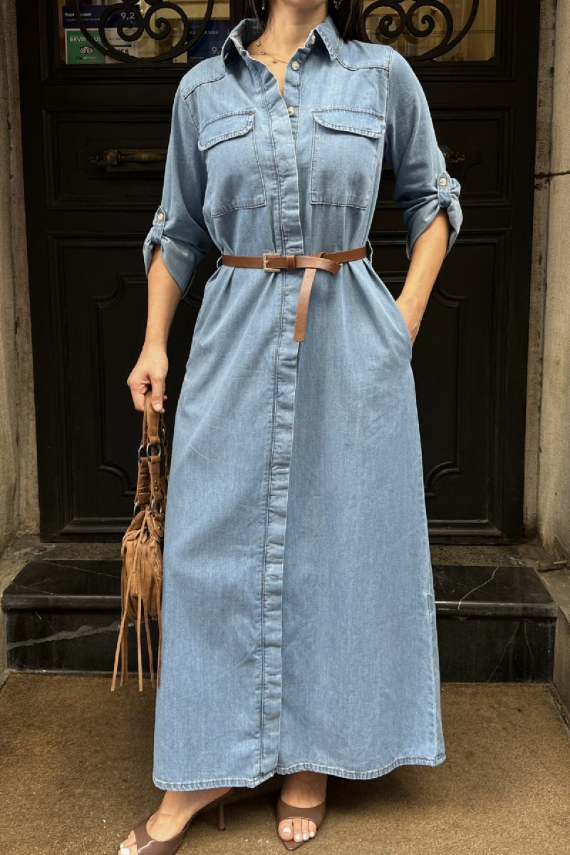 Düğmeli Uzun Elbise 3039