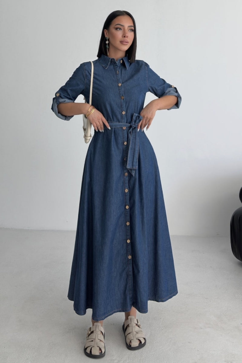 Düğmeli Uzun Boy Kot Elbise 3047