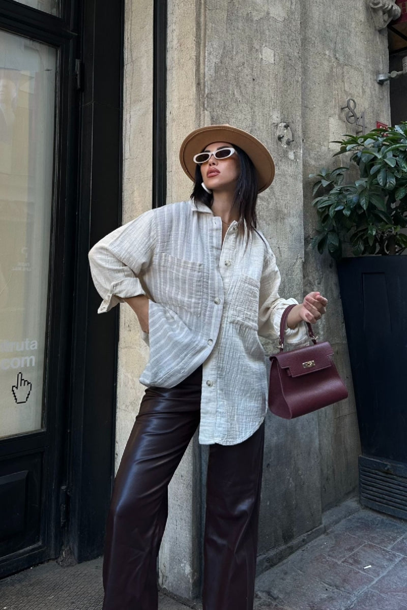 Çizgili Garnili Oversize Gömlek 6206