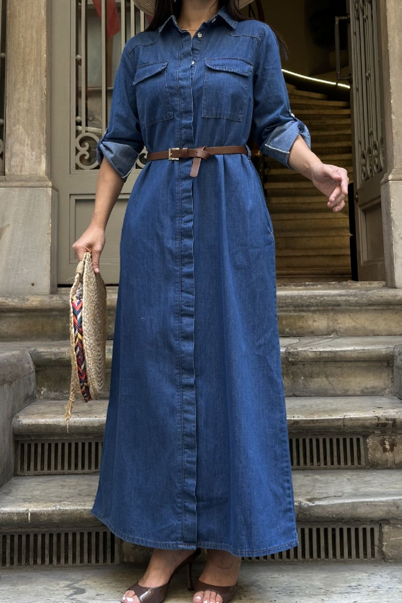 Düğmeli Uzun Elbise 3039