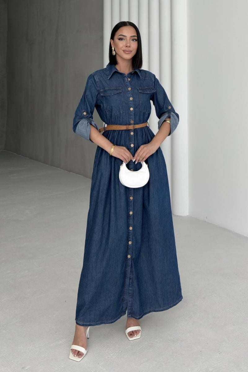 Düğmeli Uzun Kot Elbise 3041