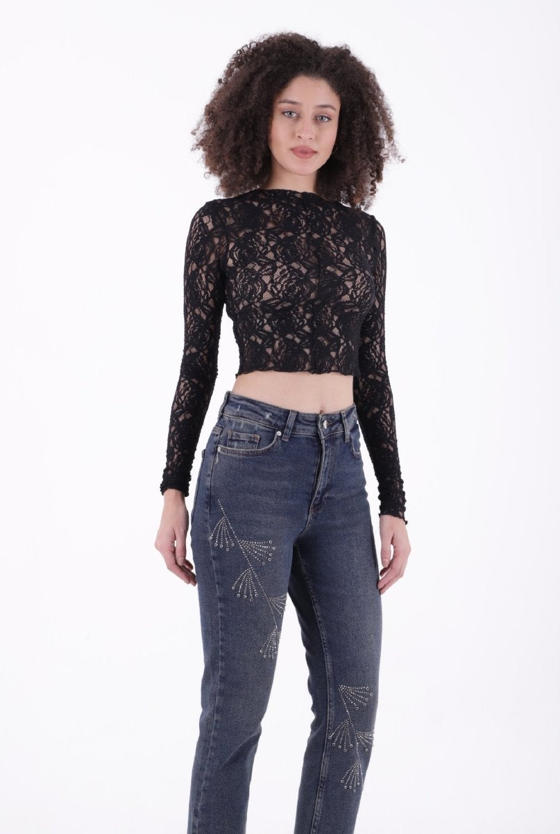 Çapraz Taşlı Mom Fit Kot Pantolon 7054