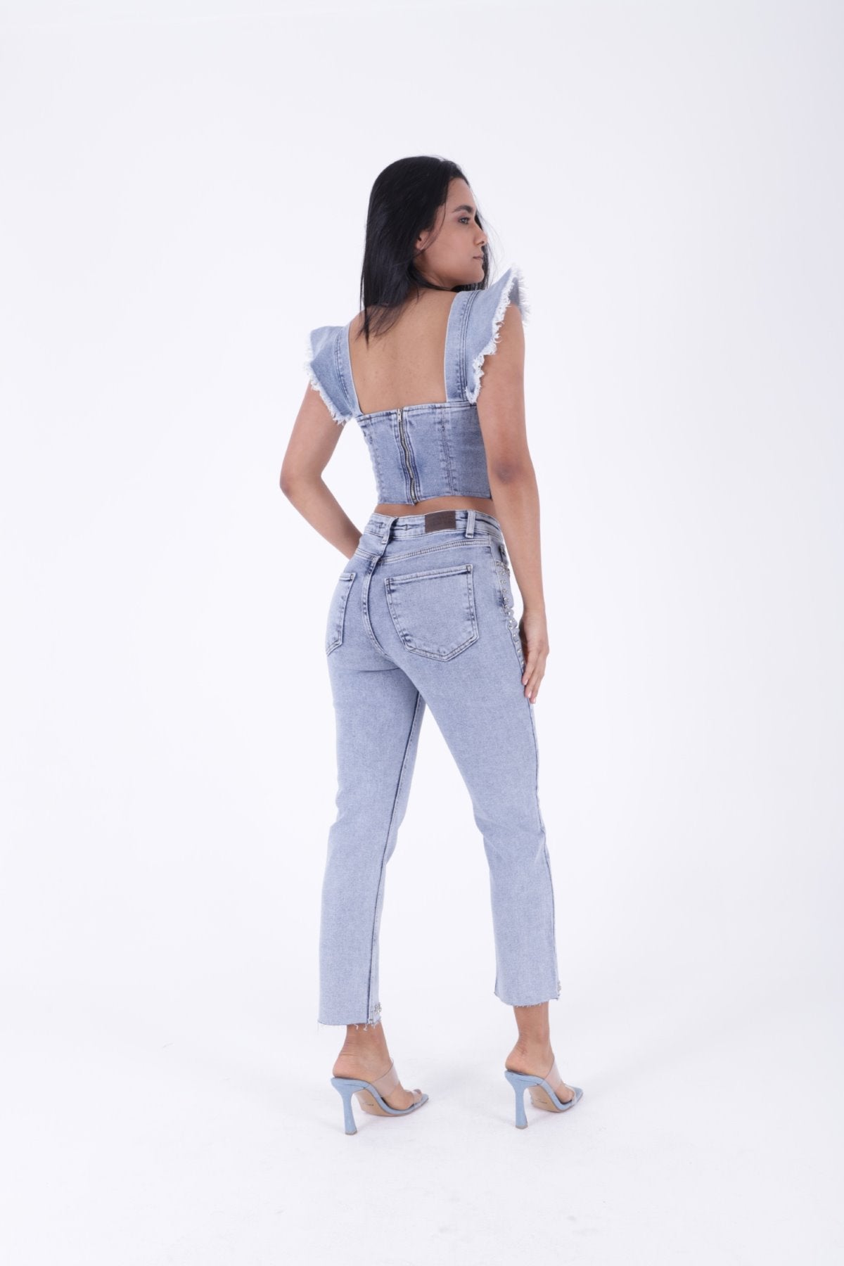 İncili Çiçek Desenli Mom Fit Kot Pantolon 7022