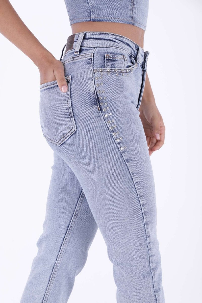 Taşlı Mom Fit Kot Pantolon 7023