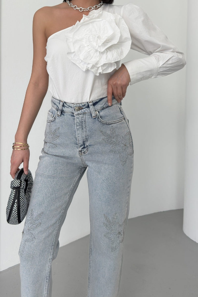 Taşlı Mom Fit Kot Pantolon 7116