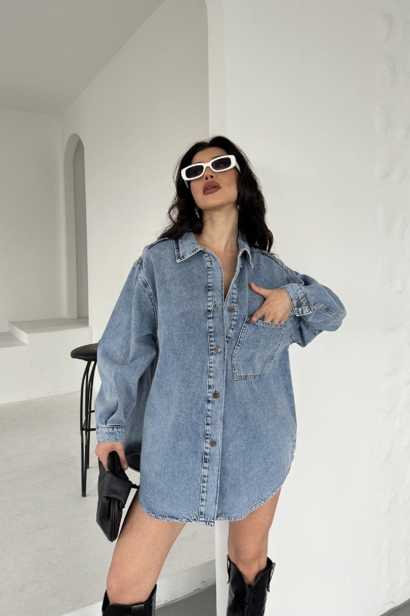 Düğmeli Oversize Kot Gömlek 6080
