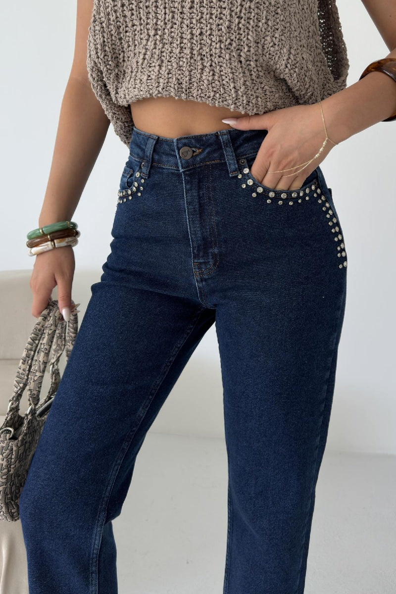 Taşlı Mom Fit Kot Pantolon 7023
