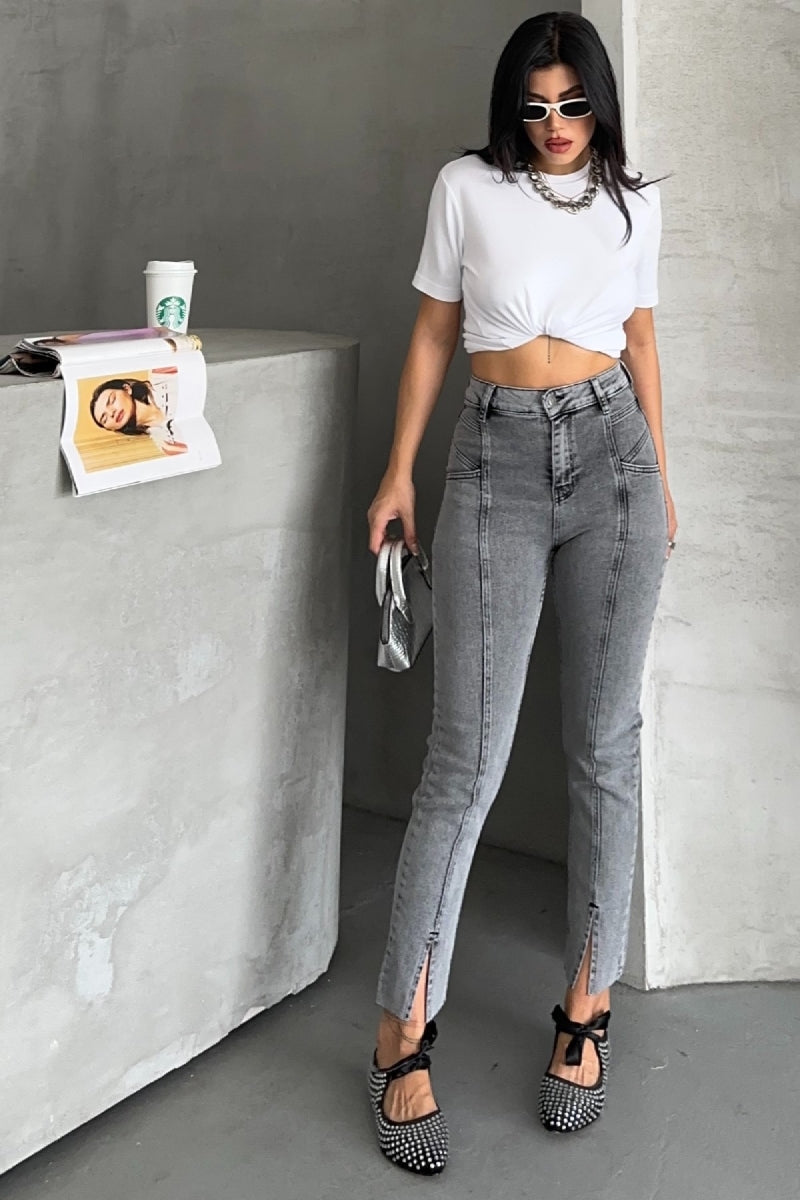 Parçalı Önü Yırtmaçlı Dikişsiz Paça Pantolon 1743