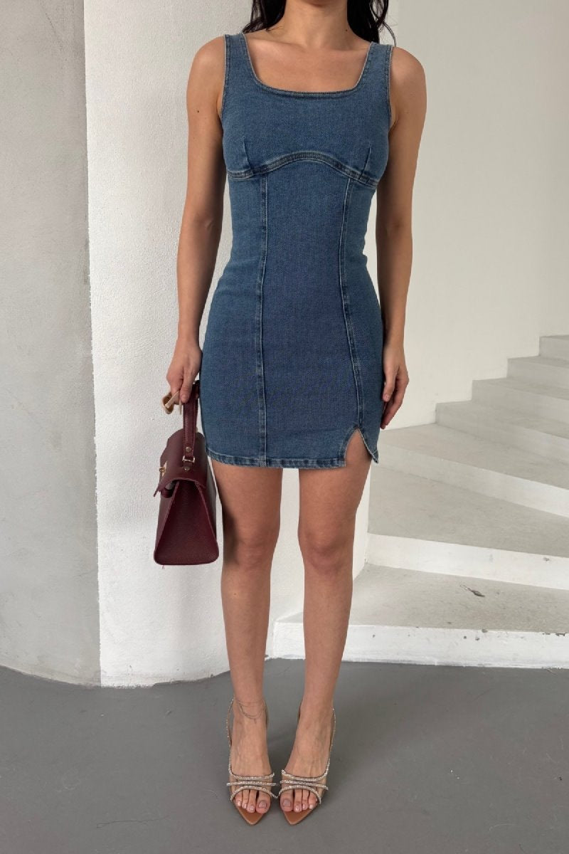 Fermuarlı Mini Kot Elbise 3028