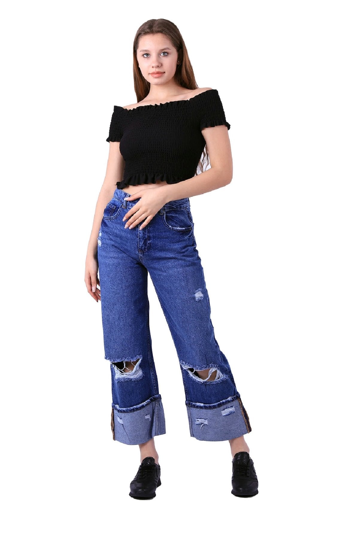 Lazer Detaylı Bol Paça Kot Pantolon 1700