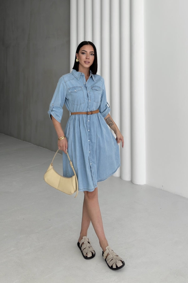 Büzgü Detaylı Kısa Kot Elbise 3040