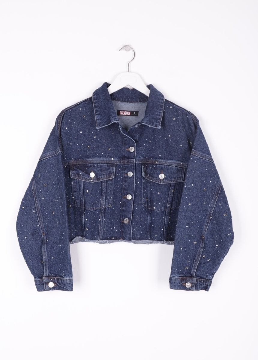 Taşlı Kısa Oversize Kot Ceket 6005