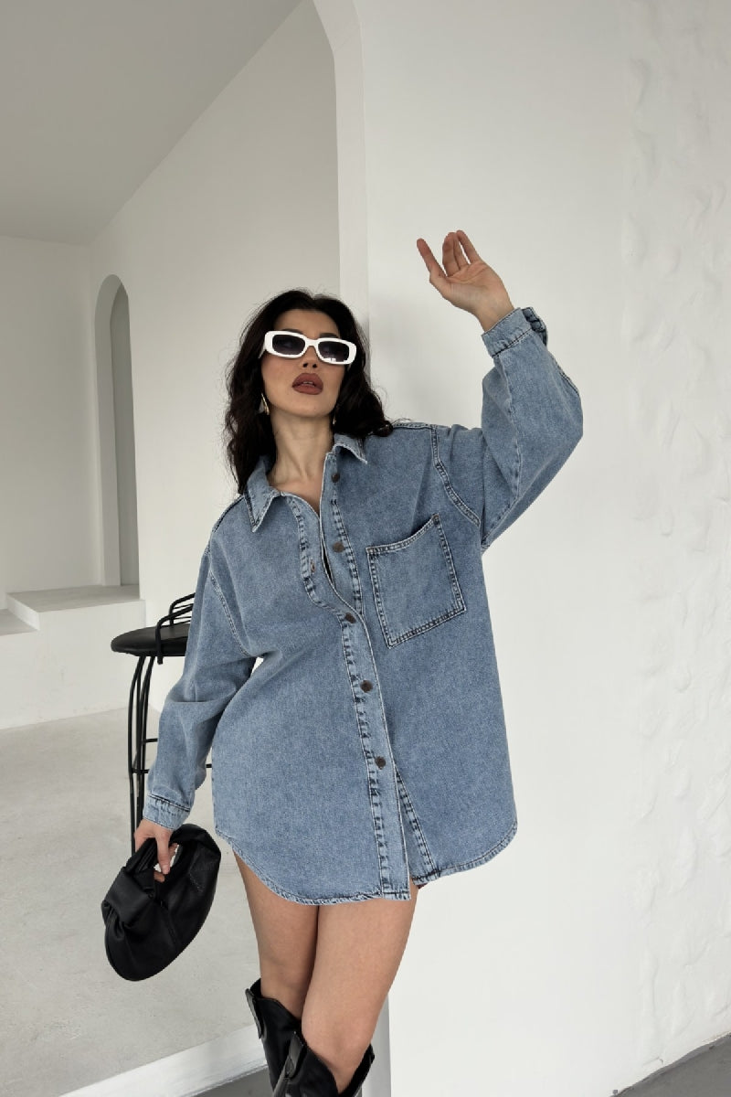Düğmeli Oversize Kot Gömlek