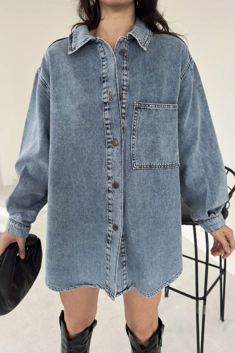 Düğmeli Oversize Kot Gömlek