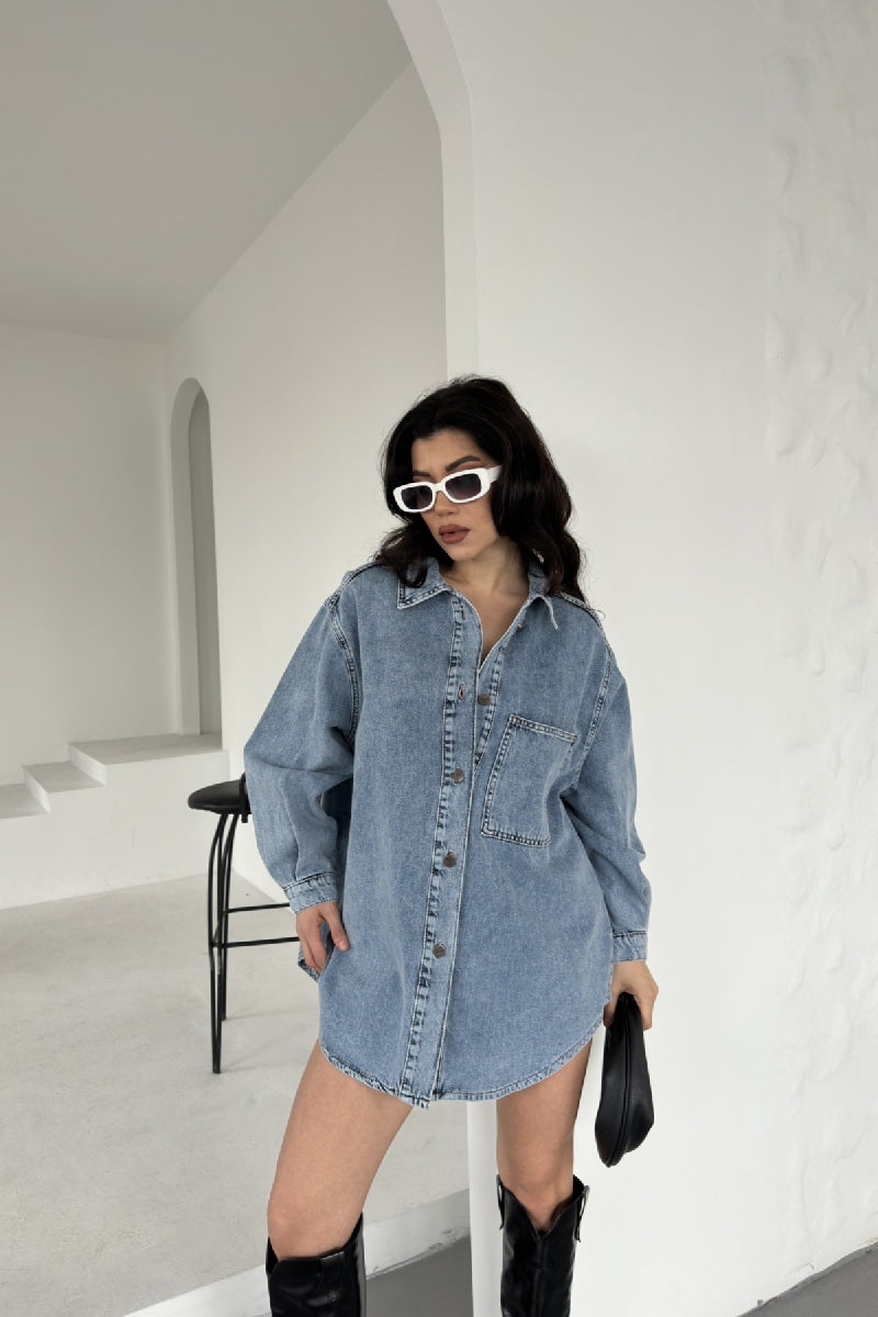 Düğmeli Oversize Kot Gömlek