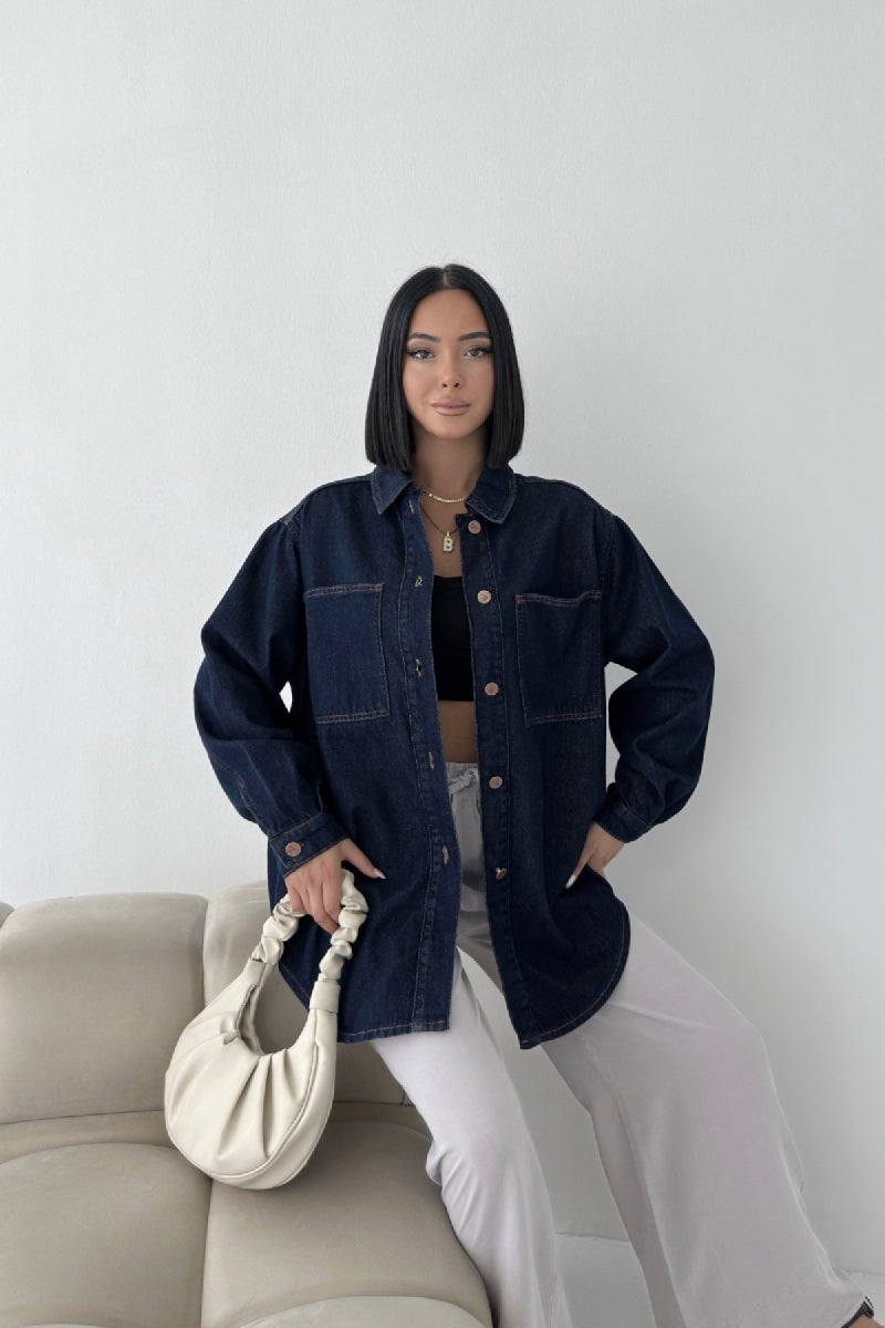 Düğmeli Oversize Kot Gömlek