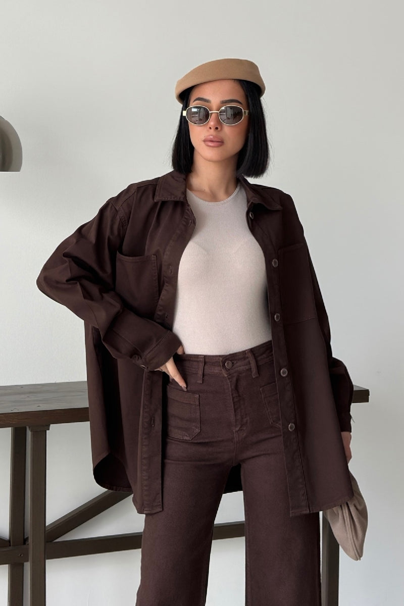 Düğmeli Oversize Kot Gömlek