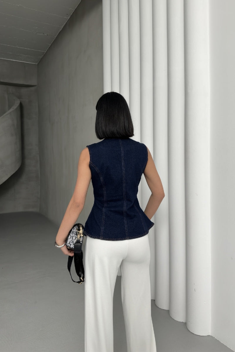 Belden Oturtmalı Düğmeli Kot Yelek