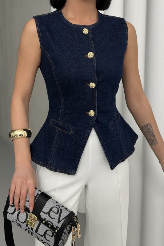 Waist-Cut Buttoned Denim Vest