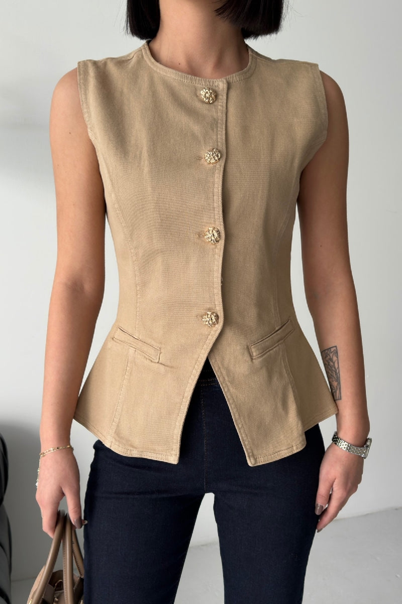 Belden Oturtmalı Düğmeli Kot Yelek