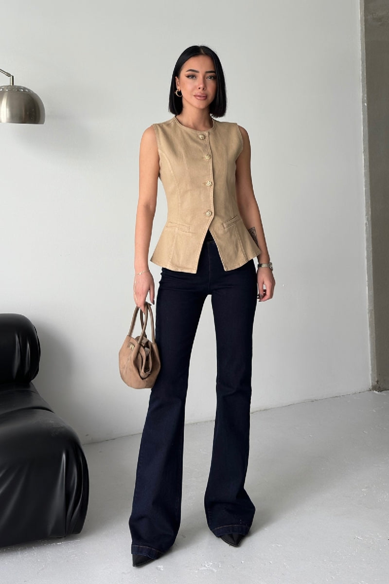 Belden Oturtmalı Düğmeli Kot Yelek